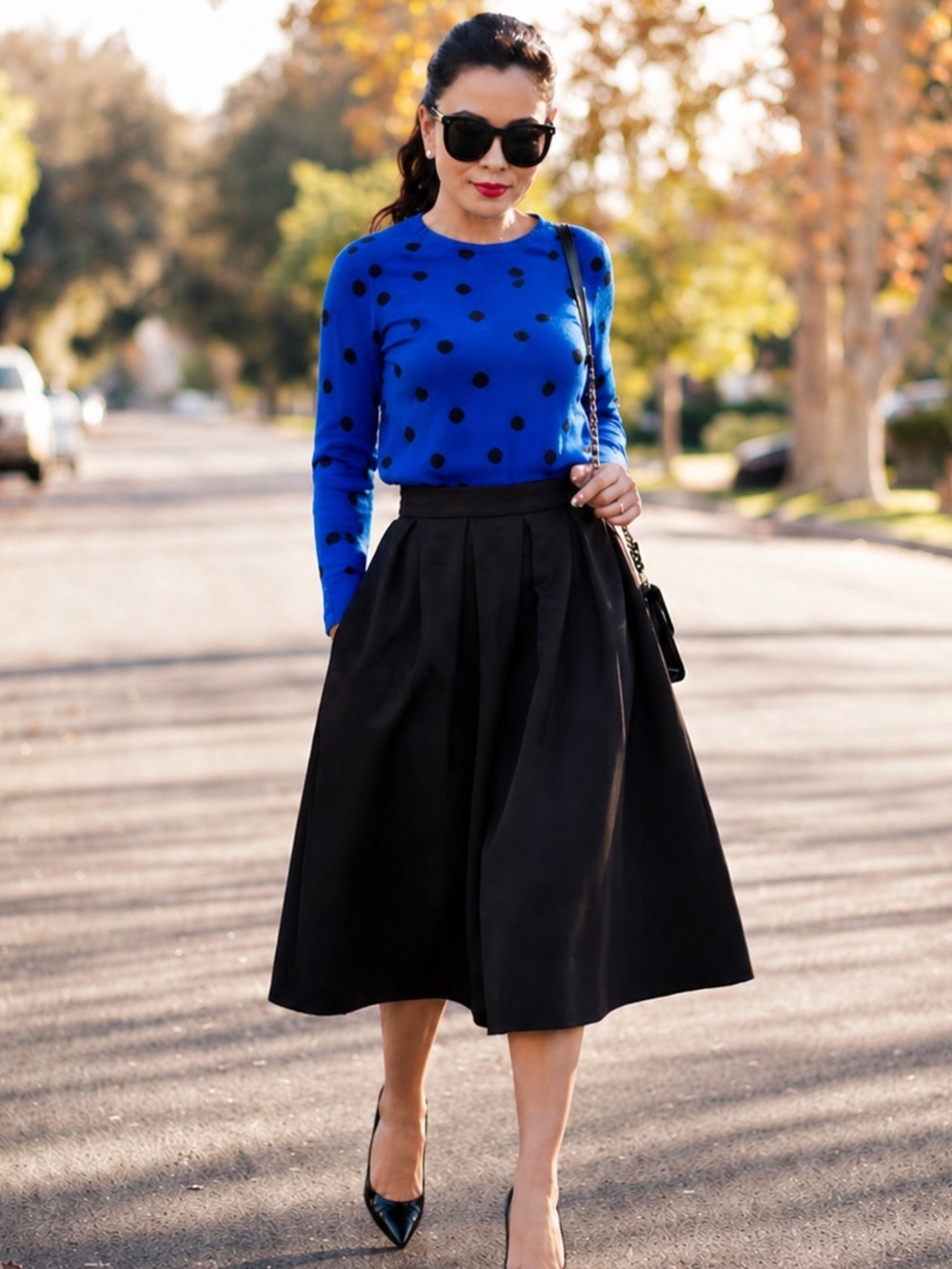 Talbots Blue Black Polka Dot Cashmere Crewneck Sweater Small